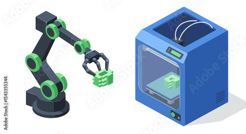 Robotic arm and 3d printer in modern manufacturing technology design isometric style vector illustration