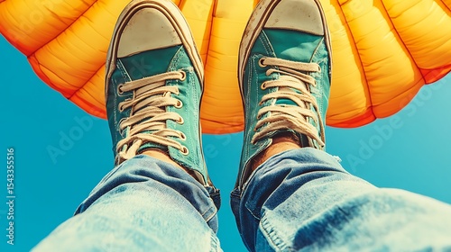 A person wearing sneakers while parachuting in the air