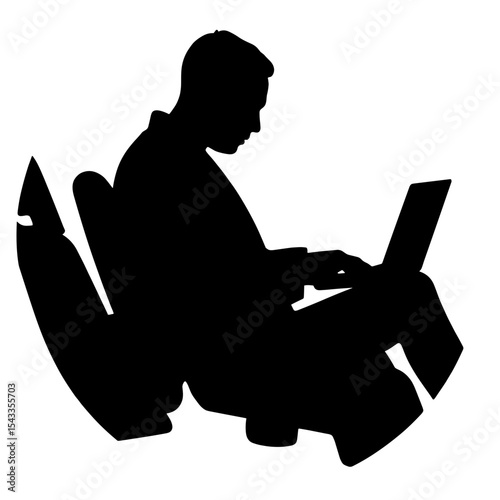 Silhouette of man working on laptop in car, remote work and productivity