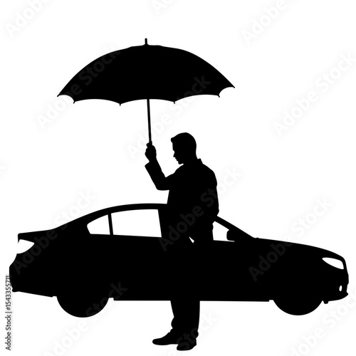 Silhouette of man with umbrella next to car, weather protection and business class