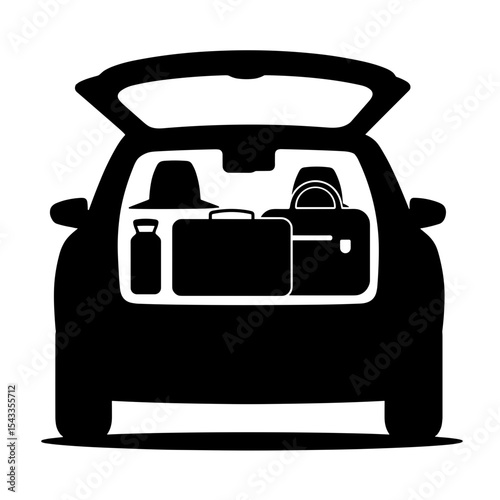 Silhouette of car trunk with travel gear, black and white, simplicity and organization
