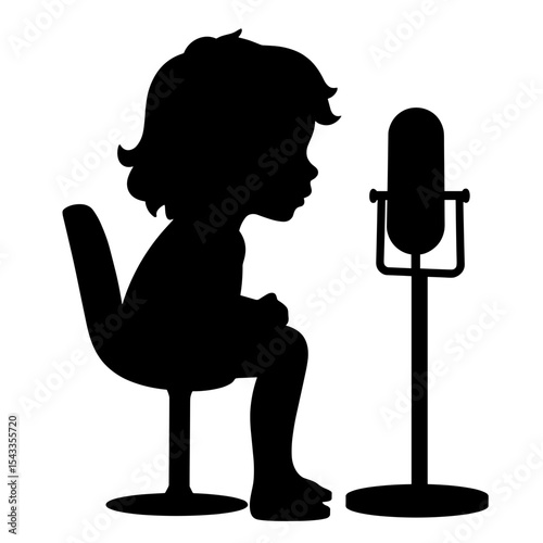 Silhouette of child speaking into microphone on white background, audio recording session