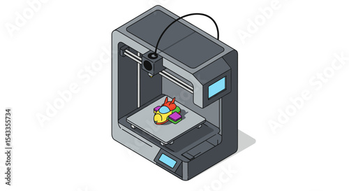 Modern 3d printer creating colorful toy rocket model for innovative technology and design isometric style vector illustration