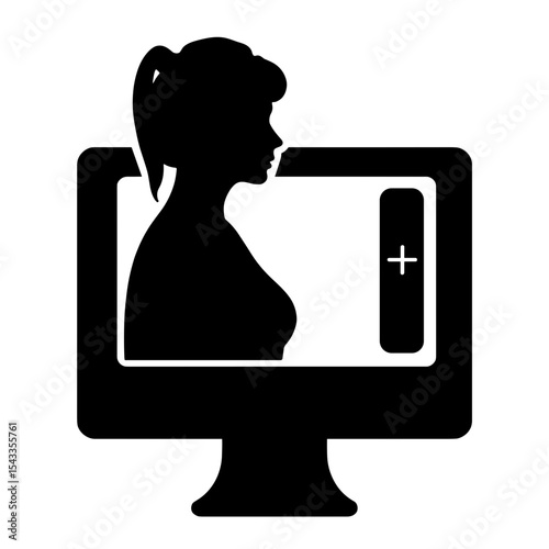 Silhouette of woman on computer screen, telehealth consultation technology