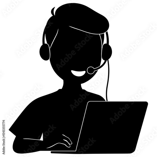 Silhouette of smiling call center agent using headset and laptop, customer service