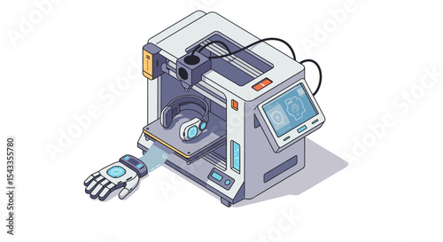 Futuristic 3d printing technology with robotic hand and headphone creation isometric style vector illustration