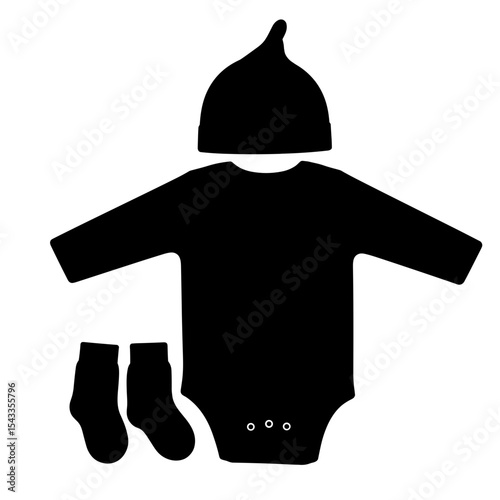 Silhouette of baby outfit with socks and cap on white background, newborn essentials
