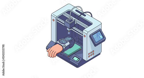 Futuristic 3d print of smartwatch design on robotic hand for innovative technology concepts isometric style vector illustration