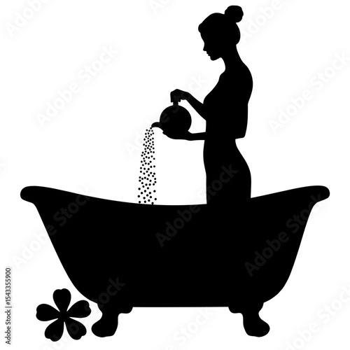 Silhouette of woman adding bath salts to tub, relaxation spa ritual