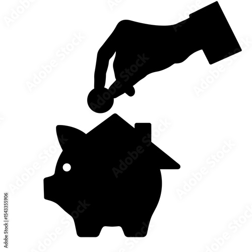 Silhouette hand dropping coin into house piggy bank, real estate savings finance