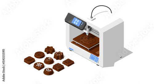Creative chocolate designs with 3d printer for culinary art and unique food presentations isometric style vector illustration