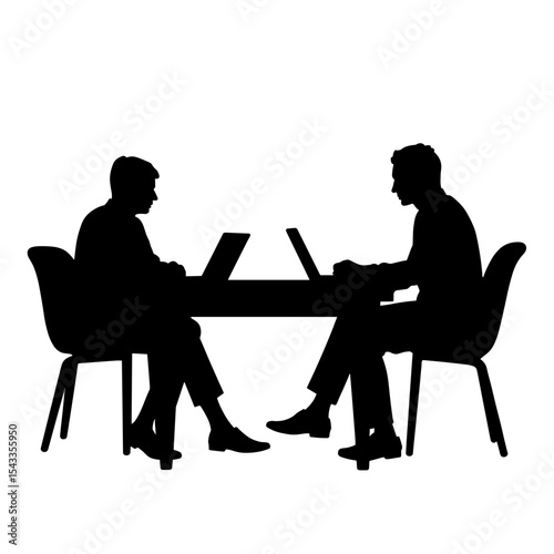 Business meeting silhouette with laptops on white background, negotiation scene