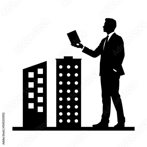 Silhouette of investor with building miniatures, business decision-making concept