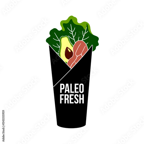 Paleo wrap silhouette with lettuce, meat, and avocado, healthy eating graphic