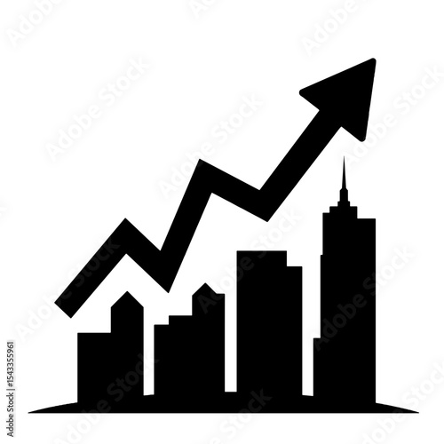 Building skyline with rising arrow, real estate growth and investment potential