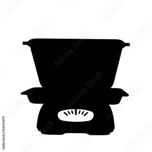 Silhouette of food tray on scales, precision meal portioning, copyspace