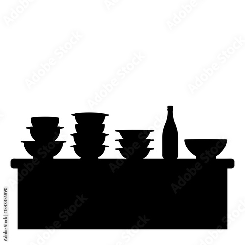 Silhouette of kitchen counter with stacked meals and bottle, meal prep simplicity