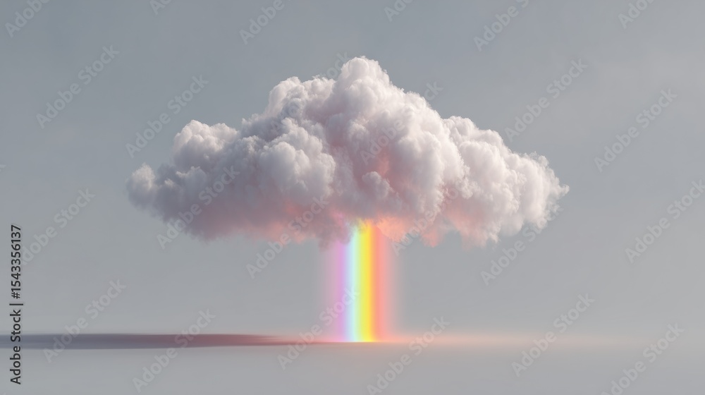 Fototapeta premium minimalist surreal sky with single cloud emitting vertical rainbow beam