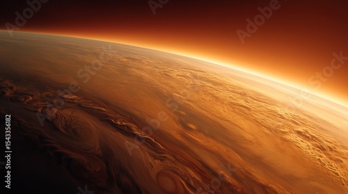 jupiter atmosphere with swirling orange clouds and space stratosphere view