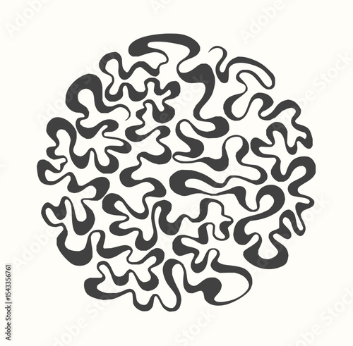 Minimilist circular arrangement of black winding shapes against a white background creating an abstract design artfully vector
