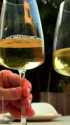 Friends pouring glasses of white wine at outdoor summer dinner
