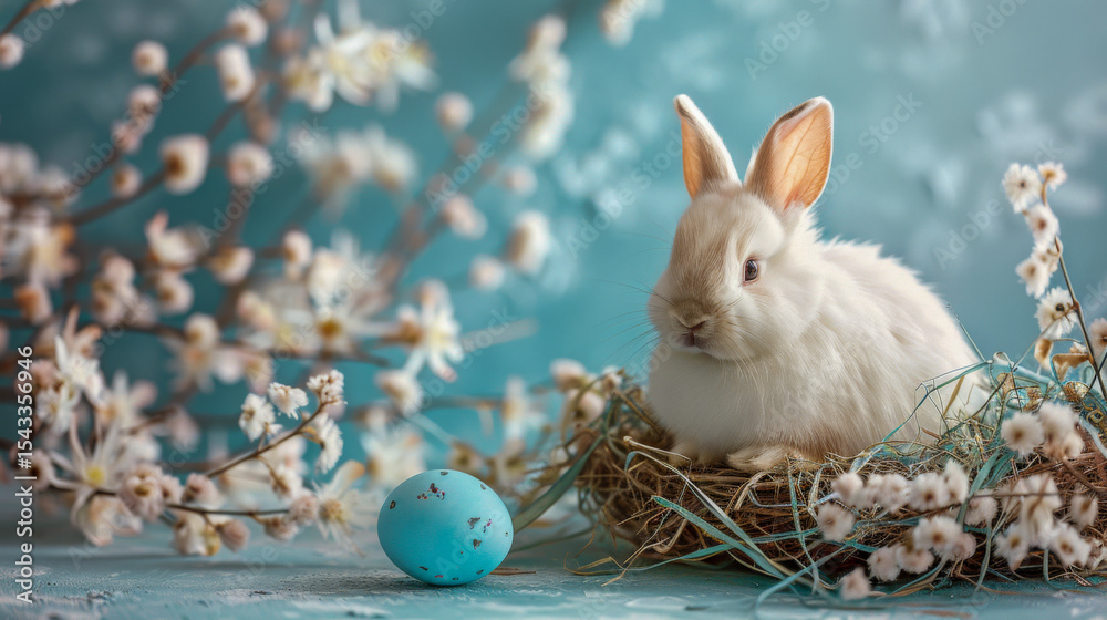 Fototapeta premium A fluffy white bunny gently places its paw on a speckled blue Easter egg, surrounded by delicate white blossoms and twigs. The soft blue pastel background enhances the tranquil, springtime ambiance