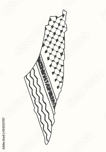 Minimilist illustration of a keffiyeh pattern forming the shape of a geographical area with wavy lines and dots vector