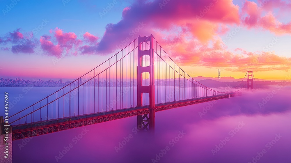 Obraz premium Golden Gate Bridge at sunrise, vibrant colors, clouds, fog