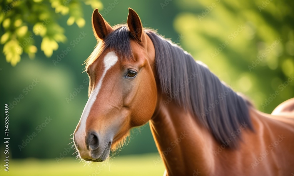 Naklejka premium Majestic bay horse in sunny meadow with lush greenery