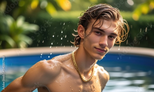Youthful man with golden necklace enjoying pool time outdoors in sunlit surroundings