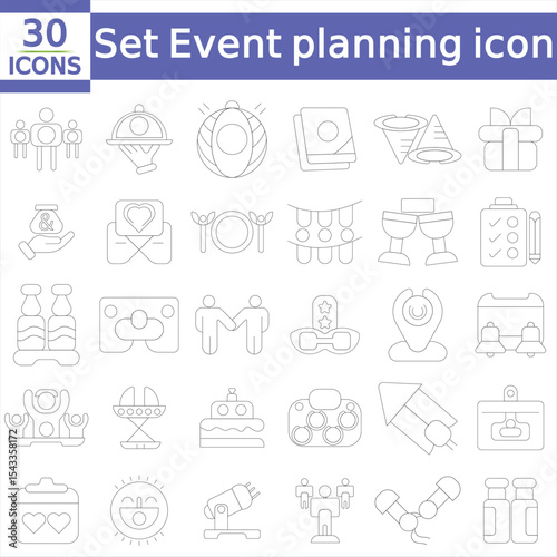  Event planning set of web icons in linear style. Event organisation icons for web and mobile app.