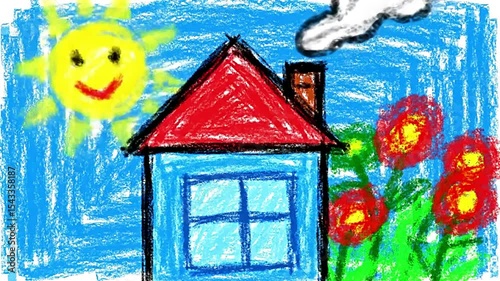 Child's Hand-Drawn Animation of a Sun and House