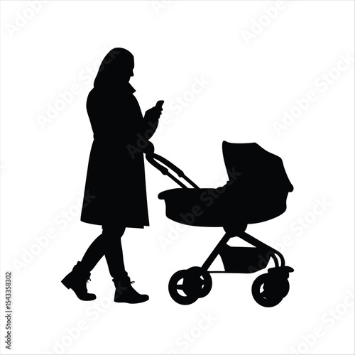 Mother Pushing Stroller and Using Phone Silhouette - Parenting Modern Lifestyle
