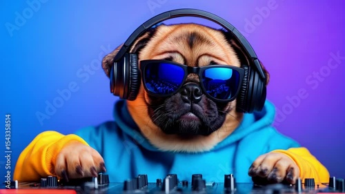 A dog wearing sunglasses and headphones playing a dj mixer