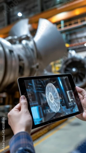 Man holding tablet with digital 3d model. Engineer using augmented reality technology for industrial design and machinery inspection footage.