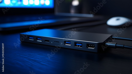 Black USB-C Hub with Multiple Ports on Desk