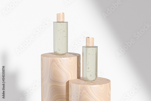 Clear cosmetic plastic bottle with wooden disk top flip cap mockup, flat shoulder packaging with flat disk cap, modern round skincare container, cylinder squeeze bottle, cylindrical shape bottle