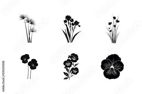 Six black and white floral silhouettes