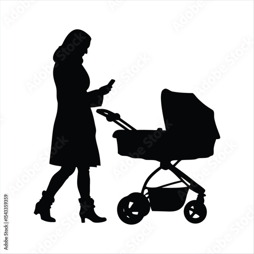 Mother Pushing Stroller and Using Phone Silhouette - Parenting Modern Lifestyle