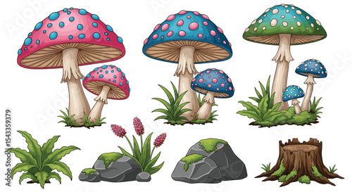Pixel Art Fantasy Mushrooms and Forest Elements for Game Design or Decoration