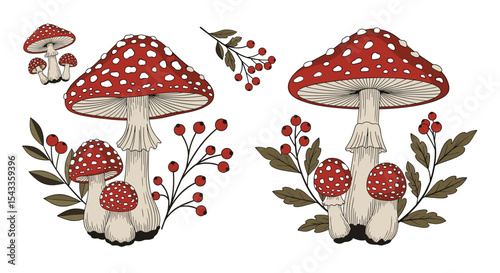 Amanita Muscaria Mushrooms and Red Berries: An Enchanting Forest Fantasy Illustration