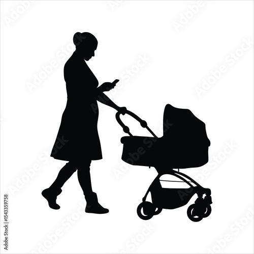 Mother Pushing Stroller and Using Phone Silhouette - Parenting Modern Lifestyle