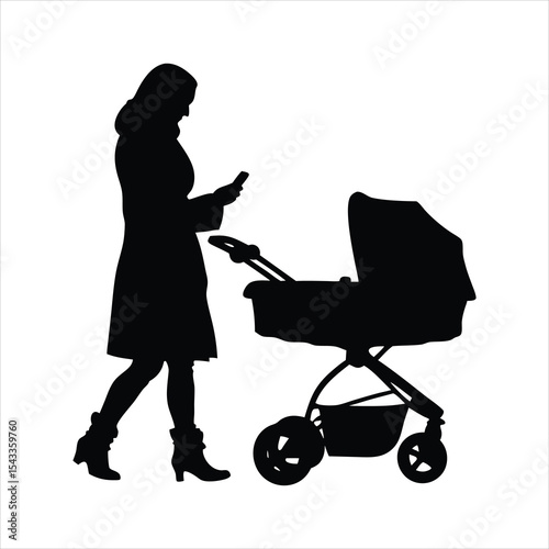 Mother Pushing Stroller and Using Phone Silhouette - Parenting Modern Lifestyle