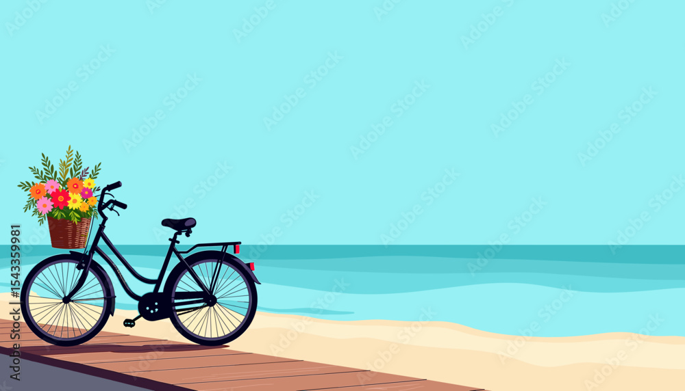 Fototapeta premium Bicycle with flowers in basket, seaside scene with room to copy