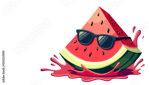 Cartoon watermelon slice with sunglasses and juice splash on white, for summer designs with space for copy