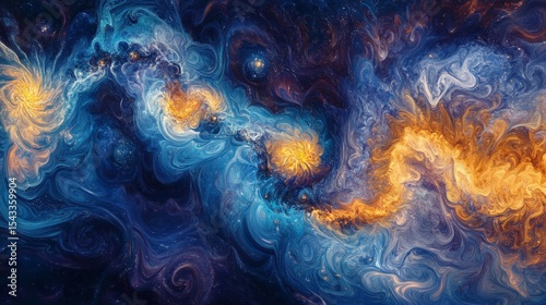 Cosmic light streams swirling with golden and blue hues forming a starry formation.