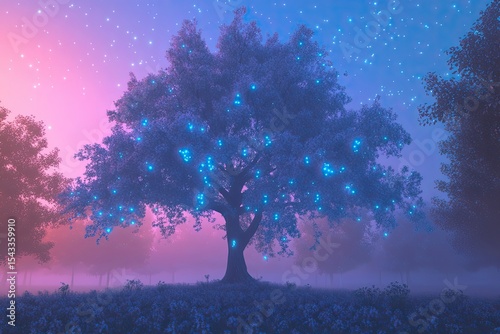 Magical Lamphu tree glowing with fireflies in surreal twilight forest scene