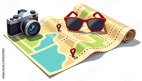 Camera, map and sunglasses, representing travel planning with space for copy