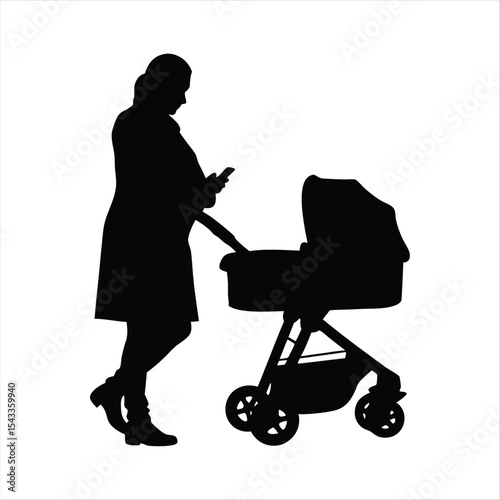 Mother Pushing Stroller and Using Phone Silhouette - Parenting Modern Lifestyle
