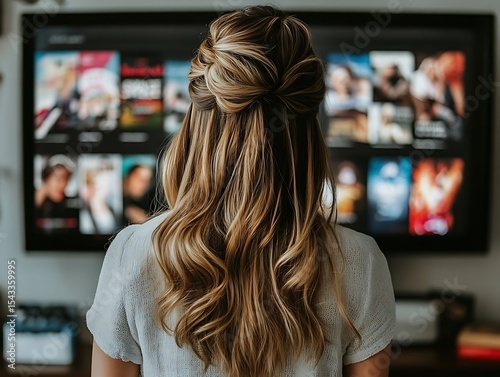Woman watching television screen with various program selections displayed